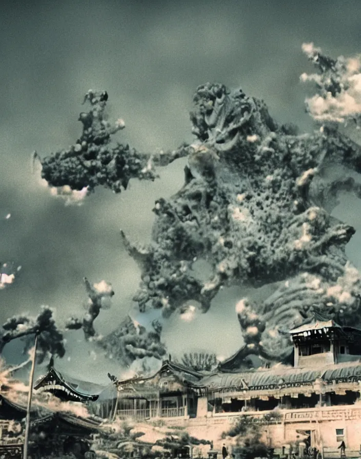 Prompt: a filmstill of a north korean monster movie, kaiju - eiga monster starfish - like trampling a traditional korean palace, foggy, film noir, epic battle, etheral, explosions, thriller, by akira kurosawa and wes anderson video compression