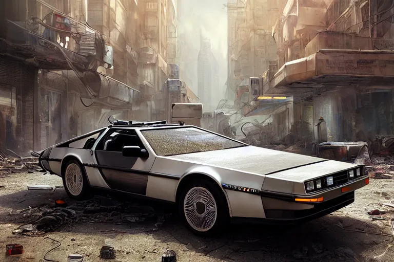 Image similar to highly detailed photorealistic rendering of the delorean from back to the future parked on the streets of a cyberpunk abandoned city, futuristic post - apocalyptic vibe, by greg rutkowski and stanley artgerm and alphonse mucha, octane, sharp focus, hyperrealistic, unreal engine 5, vray, masterpiece