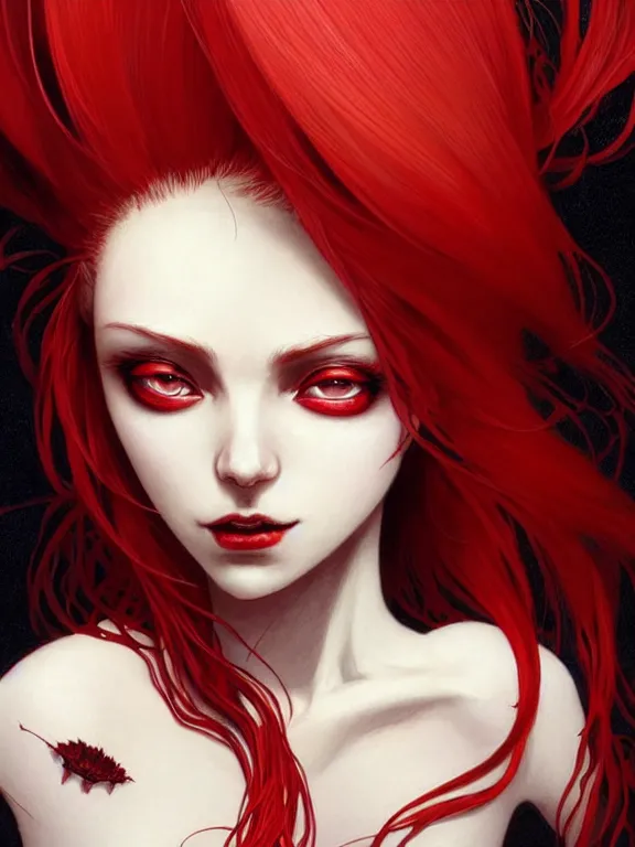 Prompt: close up picture of a red witch with exoskeleton, bored, coveted, beautiful and aesthetic, intricate, unreal engine, messy hair, highly detailed, detailed face, smooth, sharp focus, chiaroscuro, manga illustration, artgerm, greg rutkowski, ilya kuvshinov, rossdraws, alphonse mucha, young adult light novel cover art