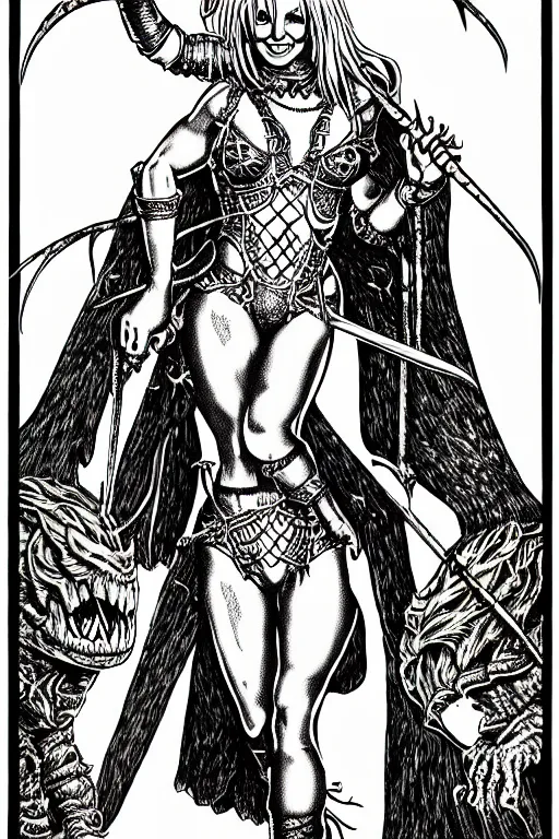 Image similar to britney spears as a d & d monster, full body, pen - and - ink illustration, etching, by russ nicholson, david a trampier, larry elmore, 1 9 8 1, hq scan, intricate details, inside stylized border
