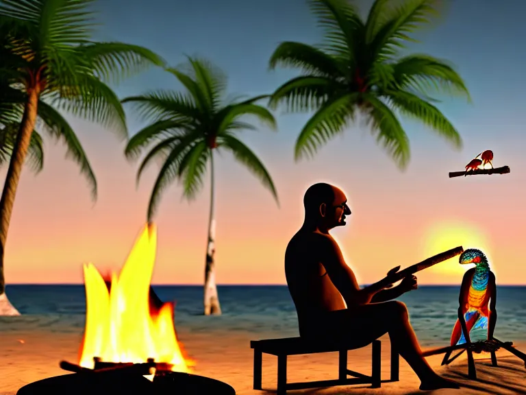 Image similar to gandhi sitting on a beach next to a campfire with palm trees in the back, holding a cigar, sunset, surrounded by different animals, parrots, turtle, lizard, crab, coconuts,, glorious lighting, epic environment, highly detailed, digital art, hyper realistic, beautiful, 8 k, trending on deviantart