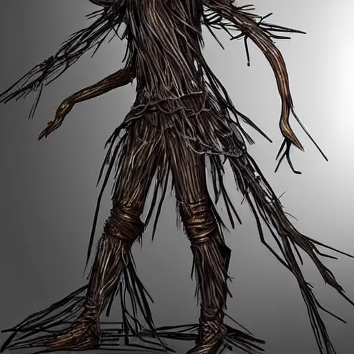 Image similar to concept art of a scary female scarecrow made of twigs metal bars and old clothes