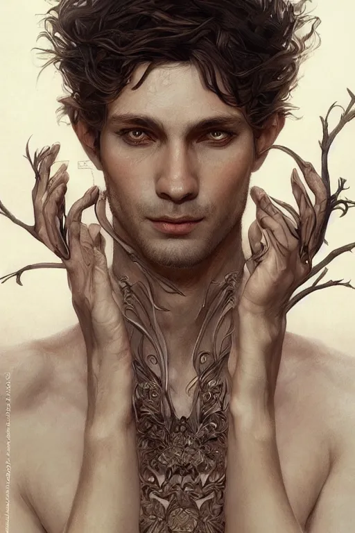 Prompt: up close portrait of a male wood fae, d & d, face, fantasy, intricate, elegant, highly detailed, digital painting, artstation, concept art, smooth, sharp focus, illustration, art by artgerm and greg rutkowski and alphonse mucha