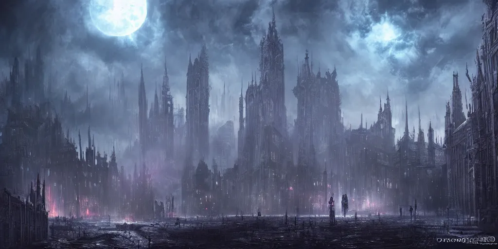 Image similar to a huge megacity in the style of bloodborne, dark souls, demon souls, gothic art, dark fantasy, concept art, digital painting, volumetric lighting, trending on art station, night time, moon light, god rays, highly detailed