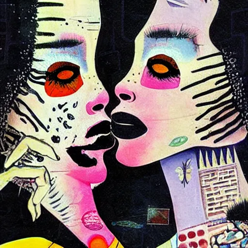 Prompt: beautiful painting of two bizarre psychedelic women kissing each other closeup in tokyo in winter, speculative evolution, mixed media collage by basquiat and junji ito, magazine collage art, paper collage art, sapphic art, lesbian art