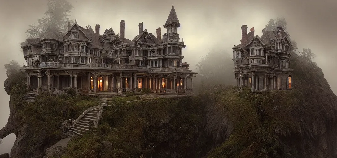 Prompt: victorian mansion hanging over a cliff by the ocean, horror, fog, scary, addams family style, 8k, james gurney, greg rutkowski, john howe, artstation