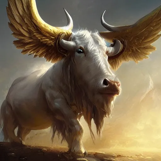 Image similar to a white bull with angelic wings and golden horns, epic fantasy digital art, fantasy style art, by Greg Rutkowski, fantasy hearthstone card art style