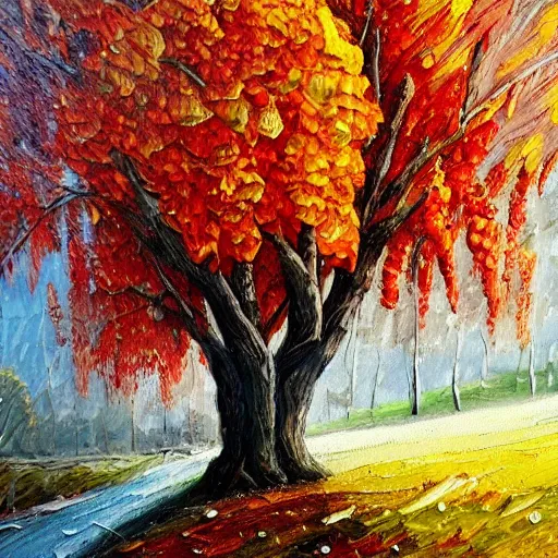 Prompt: painting depicting all four season in one single painting, tree in the summer, tree in the winter, tree in spring, tree in autumn, concept art, artstation, detailed, impressionism, oil on canvas, knife painting, messy,