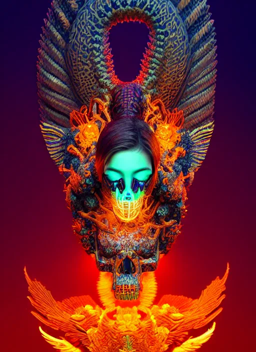 Image similar to a wlop 3 d portrait of a goddess, 8 k micro details beautiful intricate highly detailed quetzalcoatl skull and feathers. bioluminescent, fire, snow, thunderstorm! artwork by tooth wu and wlop and beeple and greg rutkowski, trending on artstation,