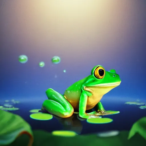 Image similar to frog cute character in water with water lily fireflies around, cute big eyes with details in body, poster, bioluminescence, vegetation, water bubbles, flying shot, portrait, full shot, rim light, pixar, octane render,