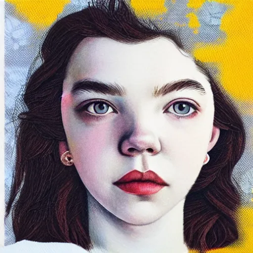 Image similar to anya taylor - joy ethereal look portrait in detail in block colour by james jean,