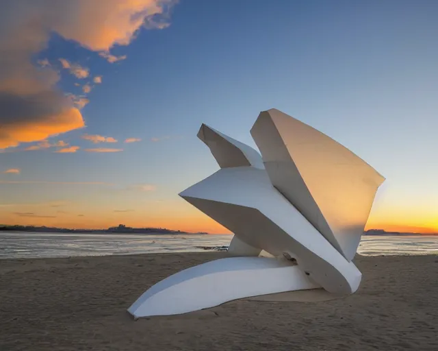 Prompt: photo of white minimalist abstract cubist sculpture of curvy spaceship with random small mecha mayan decorations, covered with few large white airplane parts with windows and doors, gigantic size, sunset lighting by a beach, the sculpture is reflected on the water