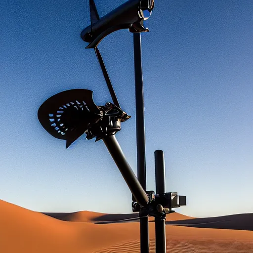 Image similar to peaceful mobile biomimetic rugged anemometer station sensor antenna on all terrain tank wheels, for monitoring the australian desert, XF IQ4, 150MP, 50mm, F1.4, ISO 200, 1/160s, dawn, golden ratio, rule of thirds