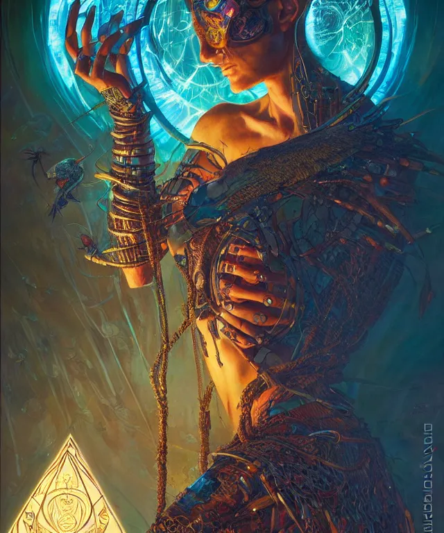 Image similar to a beautiful tarot card artwork of a cyberpunk nature shaman, backlit, highly detailed, digital painting, by karol bak and eddie mendoza and dan mumford and artgerm, vivid colors, masterpiece, detailed shading, 8 k resolution, intricate, smooth