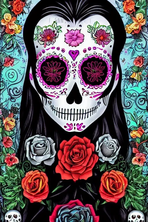 Image similar to illustration of a sugar skull day of the dead girl, art by lixin yin