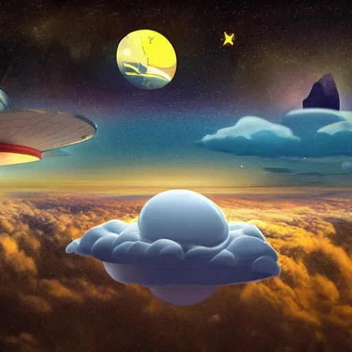 Image similar to a floating island in space, astronaut on the island, earth and stars in the background, surround by colurful clouds