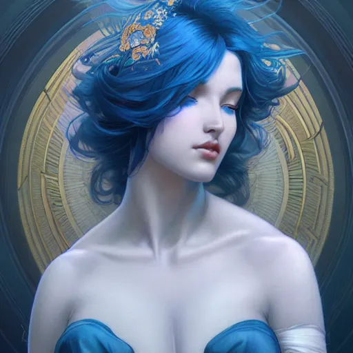 Prompt: goddess, blue hair, intricate, elegant, ethereal, highly detailed, retro, digital painting, artstation, concept art, smooth, sharp focus, full shot, illustration, art by artgerm and greg rutkowski and alphonse mucha