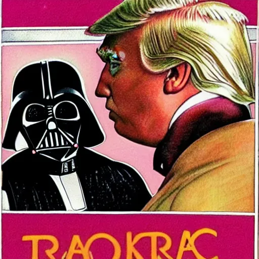 Image similar to a romance novel cover from 1 9 8 3, paperback, drawing, trump and darth vader on the cover, romantic