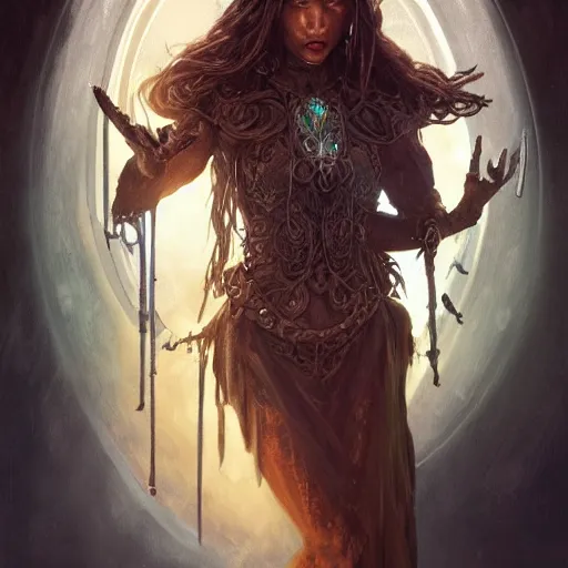 Image similar to ultra realistic illustration of cj miles as a cyber shamanic witch casting am elderit h spell, intricate, elegant, highly detailed, digital painting, artstation, concept art, smooth, sharp focus, illustration, art by artgerm and greg rutkowski and alphonse mucha