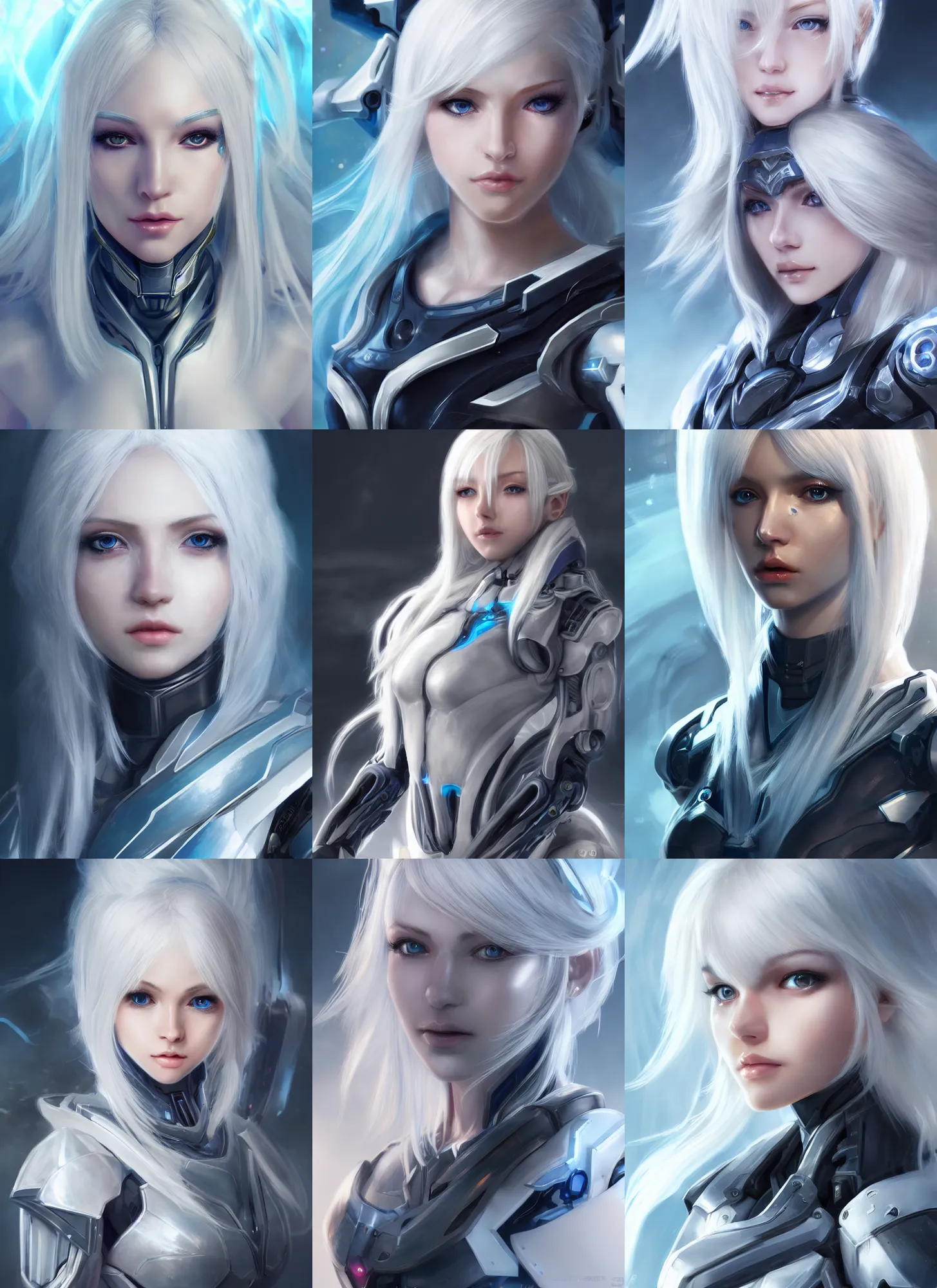 Image similar to detailed portrait of perfect white haired girl, android, warframe armor, beautiful, pretty face, blue cyborg eyes, innocent, scifi, 4 k, sun yunjoo, ultra realistic, aura of light, cinematic lighting, highly detailed, sharp focus, artstation, masterpiece, art by hyungjin yang