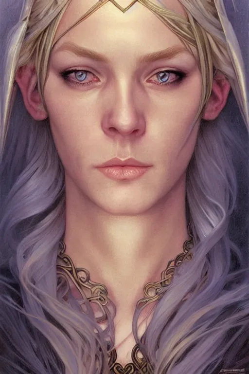 Image similar to portrait of a wise blonde elven mage, dark, piercing eyes, gentle expression, elegant clothing, photorealistic, highly detailed, artstation, smooth, sharp focus, art by michael whelan, artgerm, greg rutkowski and alphonse mucha