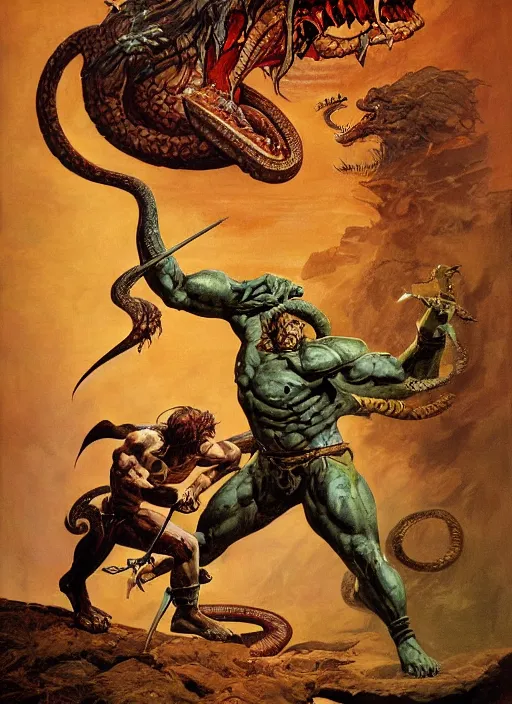 Image similar to a highly detailed symmetrical painting of conan fighting a mythical snake creature, dynamic lighting, ambient lighting, deviantart, art by frank frazetta and glenn fabry