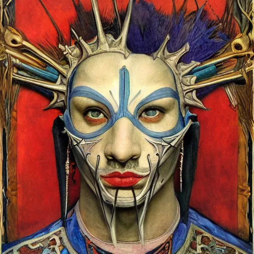 Image similar to the masked prince wearing the bone crown, by Annie Swynnerton and Diego Rivera and Elihu Vedder, symbolist, dramatic lighting, elaborate geometric ornament, tattoos, Art Brut, soft cool colors,smooth, sharp focus, extremely detailed, Adolf Wölfli and Donato Giancola