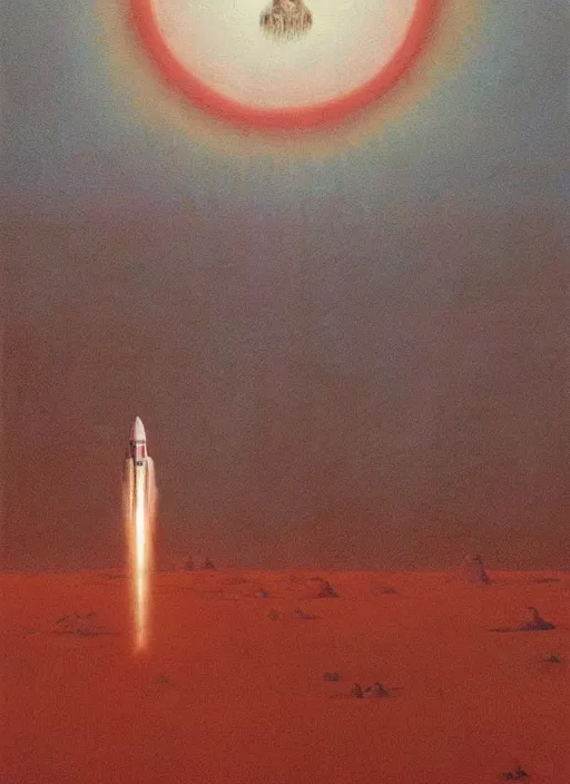 Prompt: A painting in a style of Beksinski featuring Elon Musk on mars. There is a rocket in the sky. Very detailed, symmetry