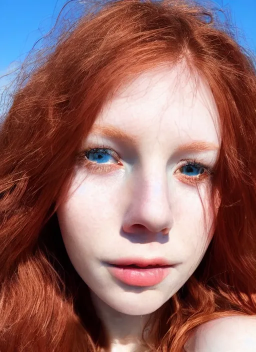 Image similar to close up portrait photograph of a anesthetic beautiful!!! thin young redhead woman with russian descent, sunbathed skin, with deep blue round!! Symmetrical!! eyes. Wavy long maroon colored hair. she looks directly at the camera. Slightly open mouth, face takes up half of the photo. a park visible in the background. 55mm nikon. Intricate. Very detailed 8k texture. Sharp. Cinematic post-processing. Award winning portrait photography. Sharp eyes.