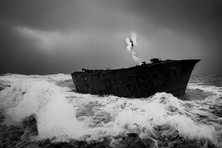 Image similar to danila tkachenko, low key lighting, a ship wreck near an abandoned high soviet apartment building in the middle of the stormy ocean, storm, lighning storm, crashing waves, dramatic lighting