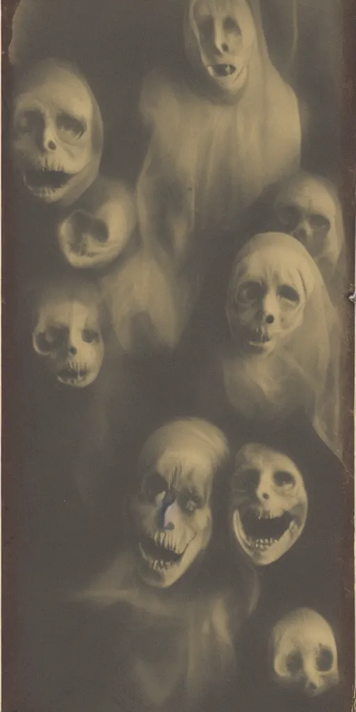 Prompt: spirit photography with glowing bulbous ectoplasm, scary reed people, sleep paralysis demon, 1 9 0 0 s, slimer, mourning family, invoke fear and dread, old photograph, daguerreotype, face of mona liza in the center