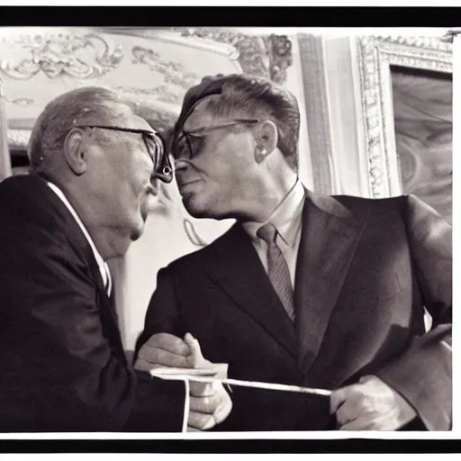 Prompt: Leonid Brezhnev and Erich Honecker. A hot kiss. Social realism.