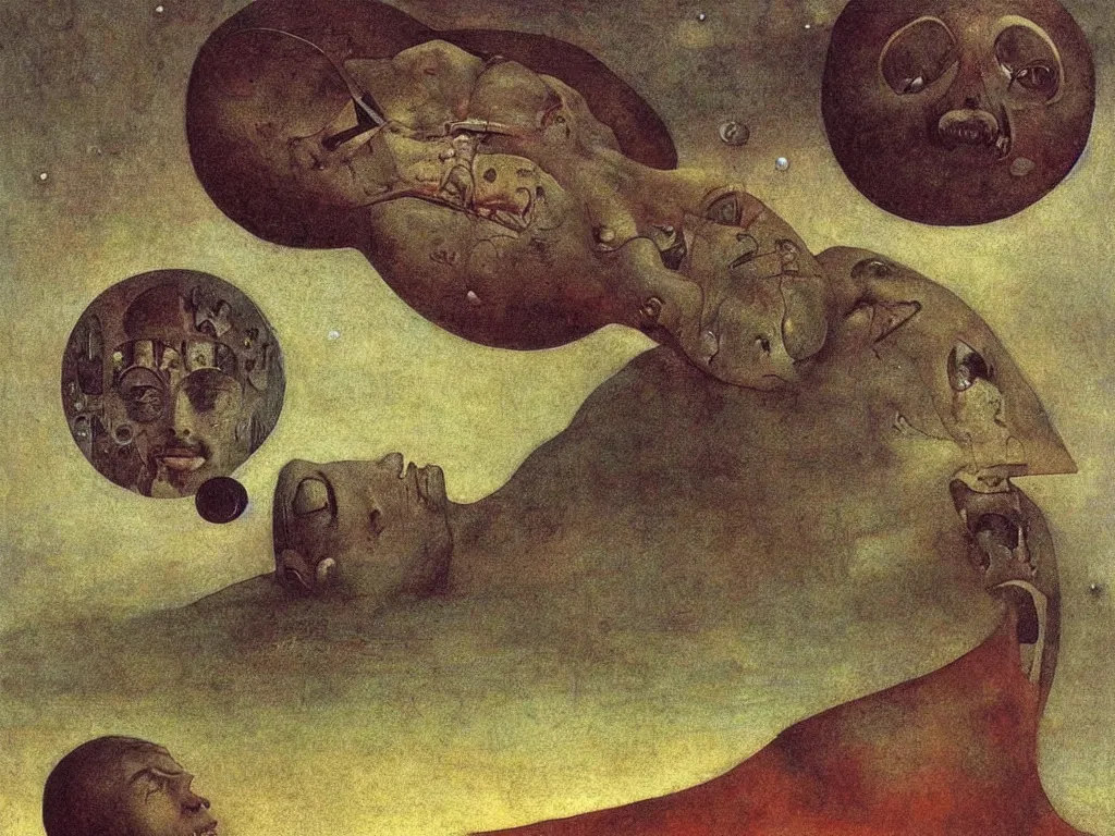 Prompt: dream bot mothership above the giant forehead of a sleeping man. painting by bosch, beksinski, alfred kubin, max ernst