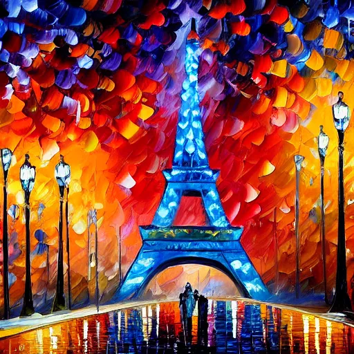 Image similar to Oil painting of Eiffel Tower with fireworks in the sky by Leonid Afremov