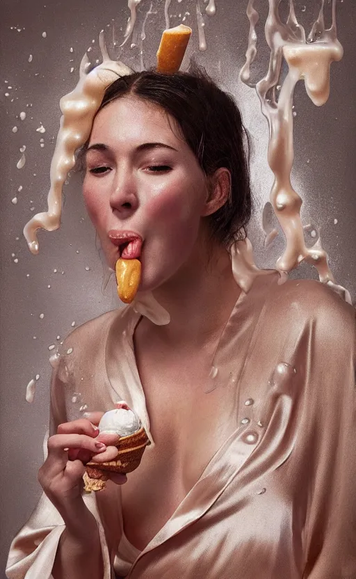 Image similar to portrait of a girl, in a silk robe, ice cream dripping down her top to bottom, oil coming out of her mouth, hyperrealistic, hightech