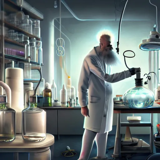 Prompt: a mad scientist goat in lab coats mixing acids, digital art, trending on artstation and unreal engine, deviantart, smooth, hyper detailed, award - winning, hd