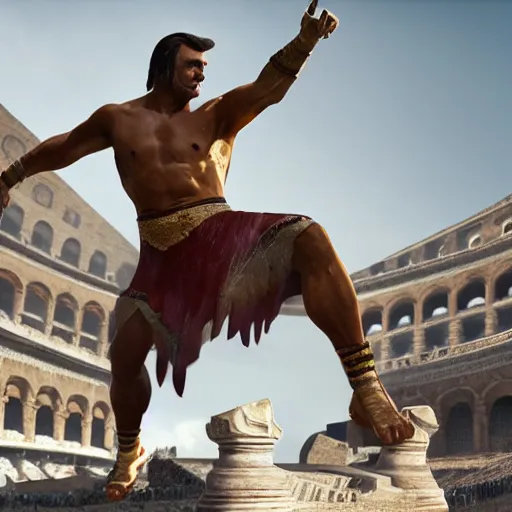 Image similar to president jair messias bolsonaro as a gladiator, fighting lions in the coliseum. smooth, elegant, highly detailed, digital art, sharp focus, hyper realism, octane render, ray tracing, 1 5 0 mm, by alessandro maganza and giovanni francesco romanelli f 3. 5
