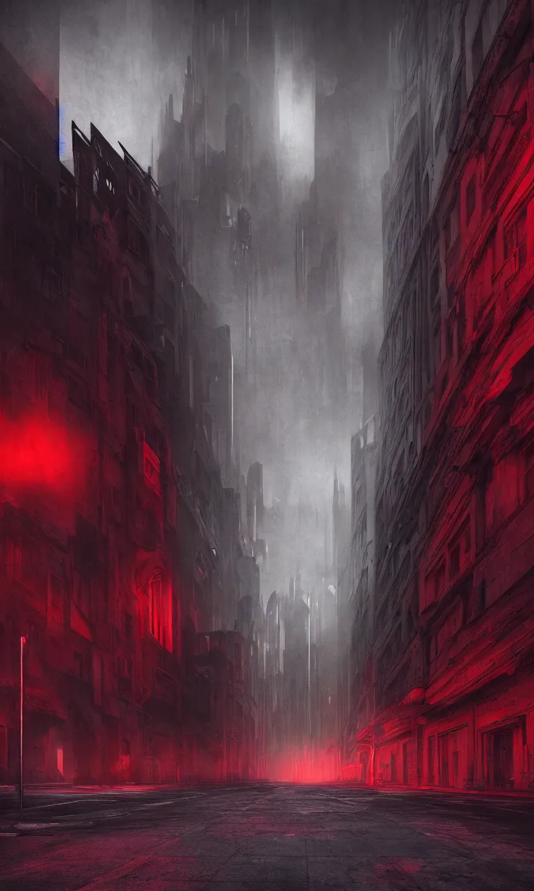 Image similar to Matte painting of dark brutalist cathedral with red neon lights, abandoned streets, cityscape, dark sky,