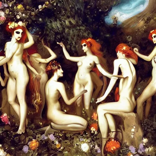 Prompt: the maenads partying at a bacchanalia. by peter mohrbacher and john singer sargent.