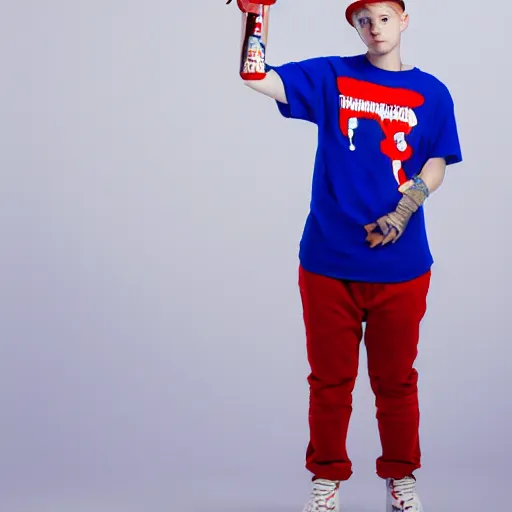 Image similar to a full body shot of an average white, short teenage boy with blue colored hair, wearing a red backwards cap, white t - shirt with a red no symbol on it, blue long pants and red shoes, holding a microphone, studio lighting, photoshoot, grey background