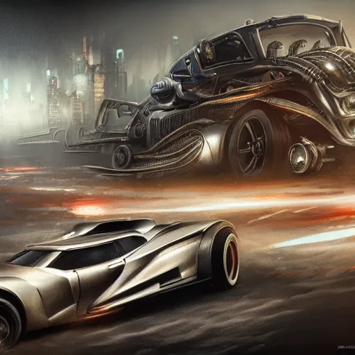 Image similar to full view of a car, intricate, elegant, highly detailed, digital painting, concept art, smooth, sharp focus, art style from Wang Ke and Greg Rutkowski and Bruce Kaiser and Scott Robertson and Dmitry Mazurkevich and Doruk Erdem and Jon Sibal, small style cue from Blade Runner and Total Recall