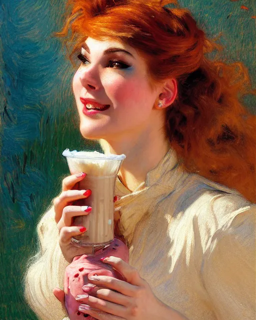 Prompt: portrait of a white female anthro wolf waitress serving milkshakes, 4 k, trending on artstation, very expressive detailed feminine face, energetic, bright colors, happy, by gaston bussiere, craig mullins, j. c. leyendecker, gustav klimt, artgerm, greg rutkowski, alphonse mucha