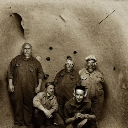 Image similar to a diverse group of alienated mine workers in a mine shaft, sepia, vintage photo, pinhole camera