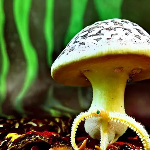 Image similar to an amanita muscaria mushroom, alien, tentacles, otherworldly, high detail