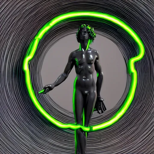 Image similar to a renaissance statue surrounded by a 3 d neon ring, 3 d render, black background, ray tracing, 8 k resolution, sharp focus, hyper detailed, hyper realistic