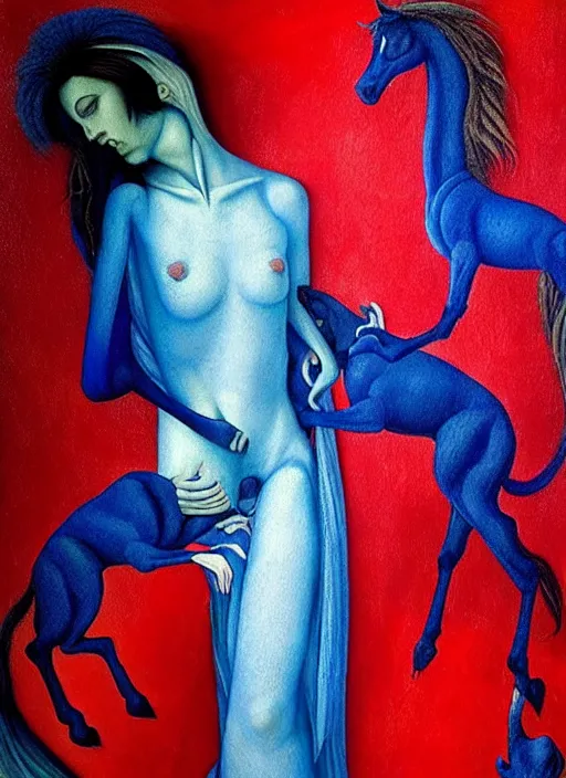 Image similar to only with blue, ney motogrosso in love with a red stallion, too many hands in all directions, in hoc signo vinces, waterfall, in the style of leonora carrington, gottfried helnwein, raqib shaw, chiaroscuro intricate composition, blue light by caravaggio, insanely quality, highly detailed, masterpiece, red light, artstation
