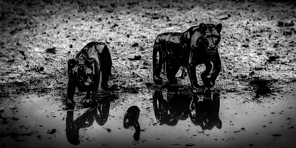 Image similar to the black lioness made of ferrofluid, rolling in the lake of sticky thick tar, viscous, sticky, full of black goo, covered with black goo, splattered black goo, dripping black goo, dripping goo, splattered goo, sticky black goo. photography, dslr, reflections, black goo, zoo, exhibit