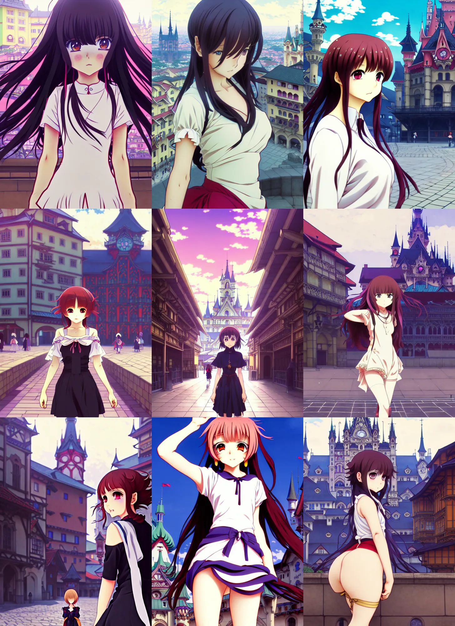 Prompt: anime frames, anime visual, full body portrait of a young woman in the medieval city square looking at the fantasy palace in the distance, cute face by ilya kuvshinov, alphonse mucha, dynamic pose, dynamic perspective, rounded eyes, moody, psycho pass, kyoani, yoh yoshinari, thick long hair