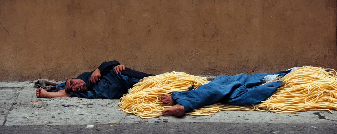 Prompt: a homeless person sleeping on a bed of spaghetti on a sidewalk in a favela, brazil, canon 5 0 mm, cinematic lighting, photography, retro, film, kodachrome, closeup
