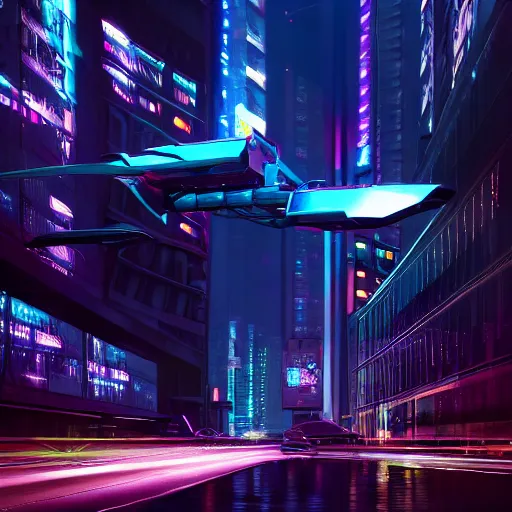 Image similar to Futuristic city at night with rain, Cyberpunk style. Flying car, Neon lights, Matte paiting 3d rendering. cinematic lighting, octane render, corona render, 8k